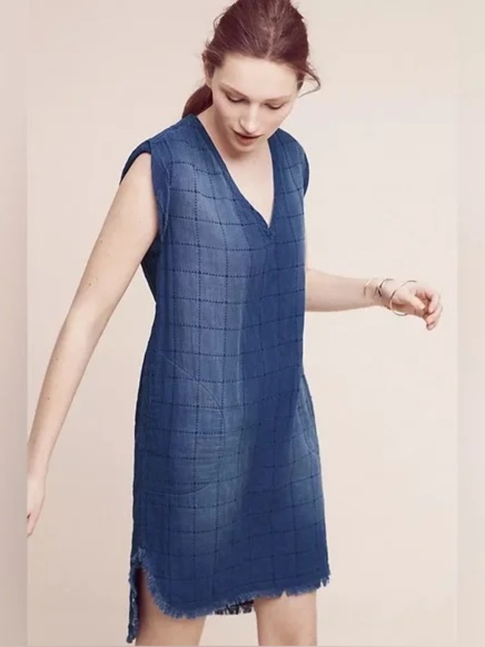 Anthropologie Cloth & Stone Frayed V Neck Dress in Blue